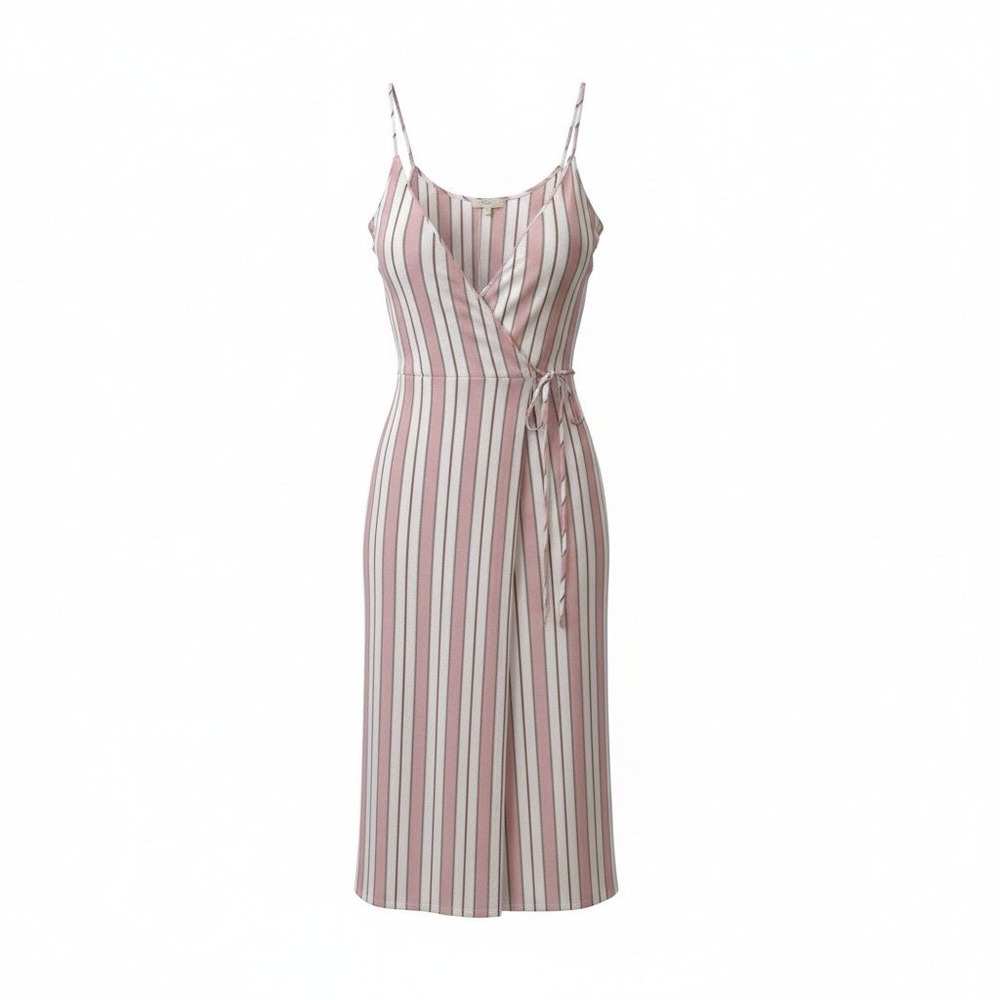 Wayf Pink and White Striped Midi Wrap Dress